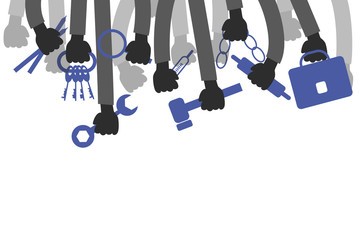 Hands holding the working tools , a magnifying glass , hammer, t