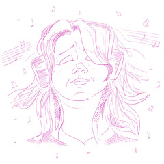 Girl teenager listening to music on headphones , wind nazvivaet