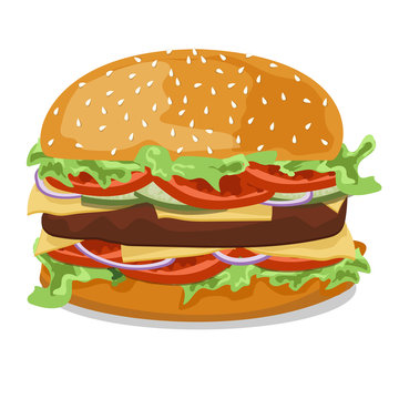 Hamburger with tomato, onions, cucumbers , lettuce , meat pattie