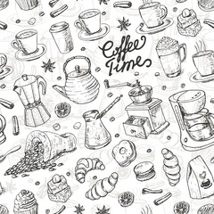 Seamless pattern with coffee elements on white background