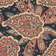 Floral seamless pattern with paisley ornament. Vector illustration in Asian textile style