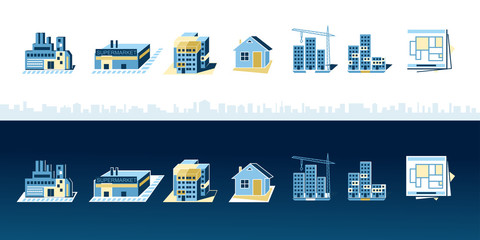 Colorful building icon set. Vector illustration of various types of construction and architecture scheme. - obrazy, fototapety, plakaty