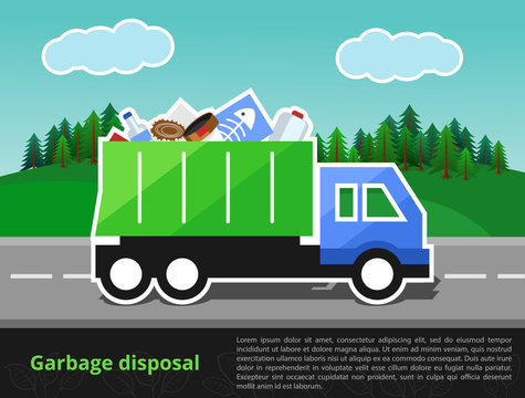 Vector illustration of garbage truck on the way. Trash disposal theme with the space for text entry.
