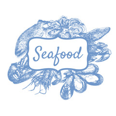 Vector illustration monochrome frame with seafood