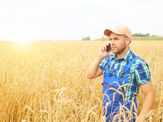 Naklejka na ściany i meble Farmer in a plaid shirt controlled his field. Talking on the pho