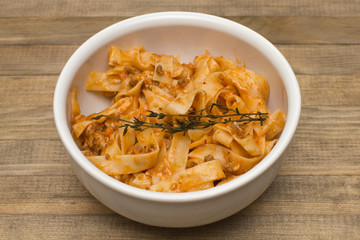 pasta  fettuccine bolognese in  dish