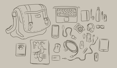 sketch of things inside bag, from laptop to headphone, book, magazine all in vector