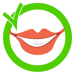 Smiling man with healthy teeth in a circular sign with a green check mark on a white background