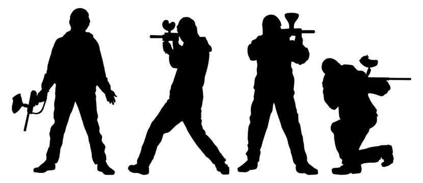 set of silhouettes of the players in paintball