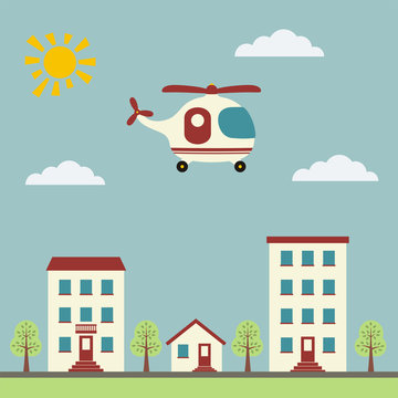 Helicopter over the city. Icon for children. Vector isolated helicopter.