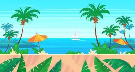Fototapeta na wymiar Cartoon nature seamless landscape with sea and palm