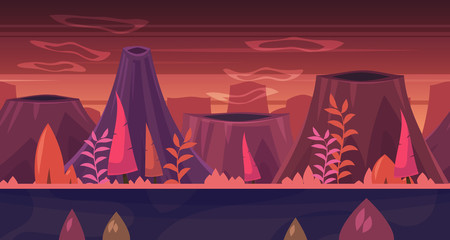 Cartoon nature seamless landscape with trees and mountains