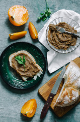 Fototapeta na wymiar Bread toasts with eggplant caviar. Selective focus