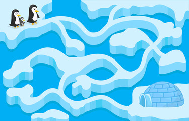Vector maze game with penguin finding the house