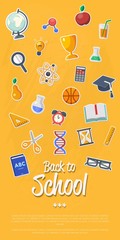 Back to school banner with flat vector icons. Vector flat Illustration. Arts and science stickers. Education concept. School symbols.