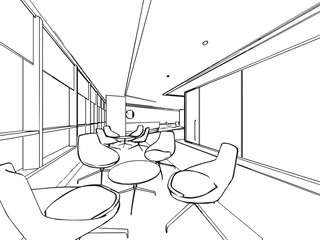 Fototapeta premium interior outline sketch drawing perspective of a space office