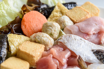 mixed fresh meat ball vegetable on dish, Sukiyaki Japanese food