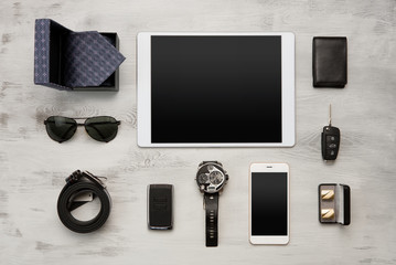 High angle view of a set of modern businessmen accessories