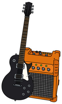 Electric guitar and the combo / Hand drawing, vector illustration