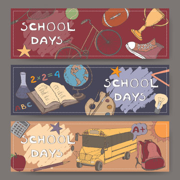 Three landscape banners with school related color sketches.