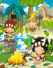 The cavemen - stone age - happy illustration for children