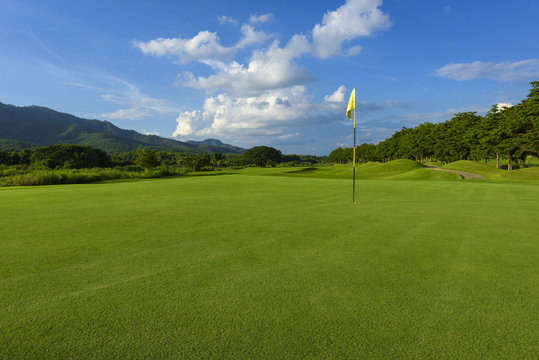 golf course and yellow flag,green fields and blue sky