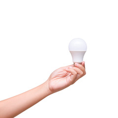 Isolated of woman han holding LED bulb on the white background