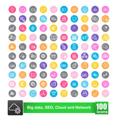 Set of 100 icon with color background big data seo cloud and net