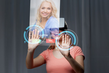 woman in virtual reality headset or 3d glasses