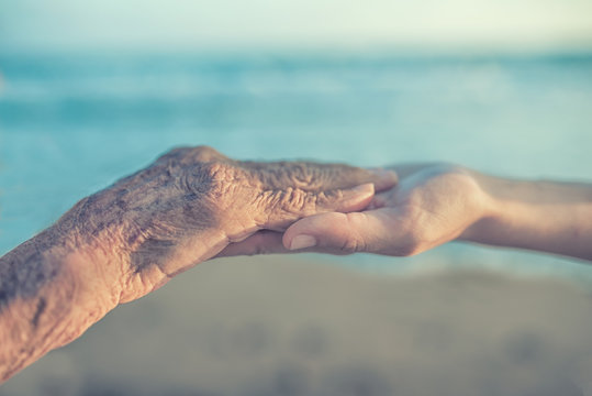 Hand of woman touching senior woman