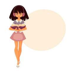 Little Asian girl in headphones walking and reading a book, cartoon style vector illustration isolated on white background. Long haired Asian girl with a book deeply involved in reading