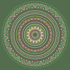 Drawing of a floral mandala in red, green, yellow, orange and grey colors on a dark green background
