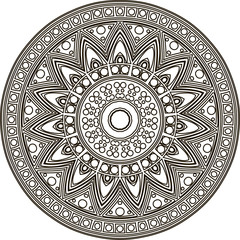 Drawing of a abstract vector with floral round lace mandala, decorative element in ethnic tribal style, black line art on a white background