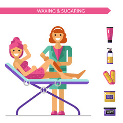 Vector flat design illustration of epilation or depilation procedure. Cosmetologist or beautician depilating legs of beautiful girl in towels. Bottle of wax, sugaring, wax strips icons