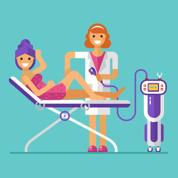 Vector flat design illustration of epilation or depilation procedure. Cosmetologist or beautician depilating legs of beautiful girl in towels. Process of Laser, electro or Photo epilator hair removal