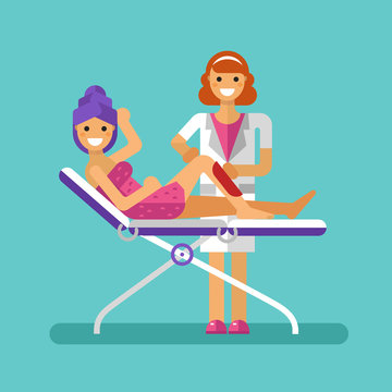 Vector flat design illustration of epilation or depilation procedure. Cosmetologist or beautician depilating legs of beautiful girl in towels. Waxing or sugaring process with strips. Hair removal.