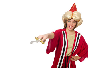Woman wizard in red clothing isolated on white