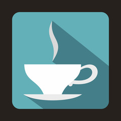Cup of hot drink icon in flat style on a baby blue background