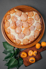 Homemade cheesecake with apricots on a gray background
