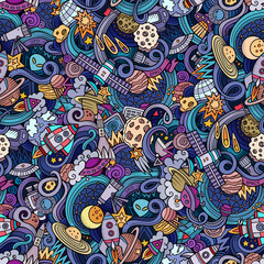 Naklejka premium Cartoon hand-drawn doodles on the subject of space seamless pattern