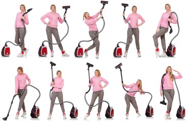 Young woman with vacuum cleaner on white