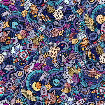 Cartoon hand-drawn doodles on the subject of space seamless pattern