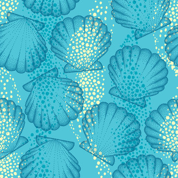 Vector seamless pattern with dotted Sea shell or Scallop on the blue background. Maritime. Marine and aquatic theme. Dotted seashell for summer design. Bright summer background in dotwork style. 