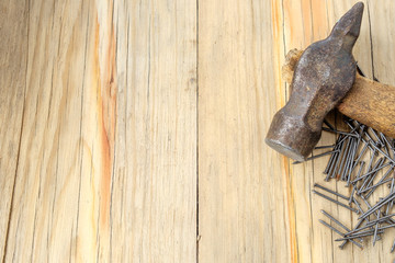 Old work tools spanner, wrench on a wooden table.