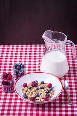 delicate breakfast, muesli with blueberries and raspberries