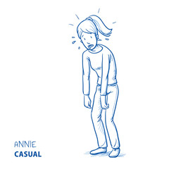 Exhausted young woman in casual clothes sweating and panting. Hand drawn line art cartoon vector illustration.