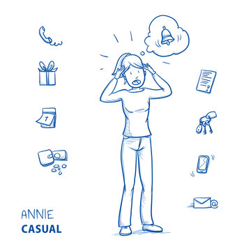 stressed young woman in casual clothes in panic with alarm bell in a thought bubble as if she forgot something to do (e.g. keys, money, birthday) Hand drawn line art cartoon vector illustration.