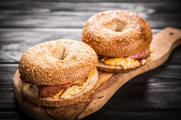 Bagel with bacon and egg