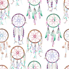 Wall murals Dream catcher Seamless pattern with dreamcatchers, hand drawn in watercolor on a white background