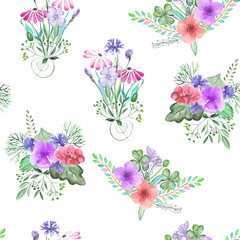 Seamless pattern with the simple watercolor floral bouquets, hand drawn on a white background